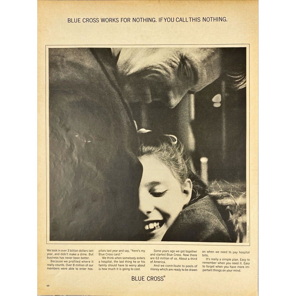Blue Cross "Works for Nothing. If you call this Nothing" Vintage Print Ad 1967
